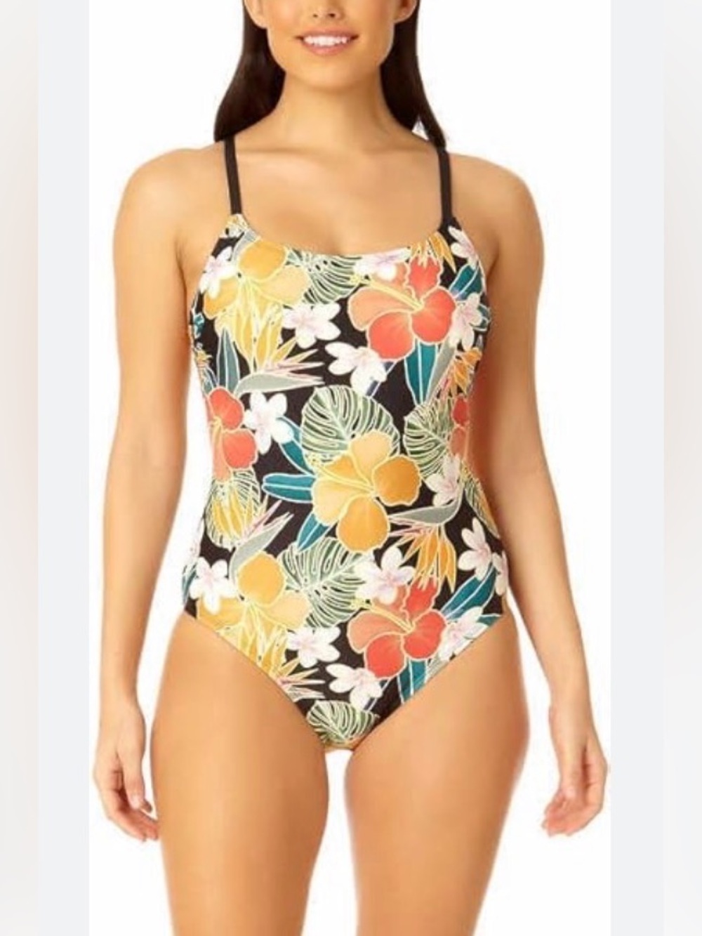 Hurley Black One-Piece Swimsuit with Yellow, Orange and Teal Floral Print